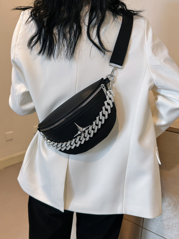 PU kožená sedlová taška s retiazkovým popruhom, zips, vrecko na telefón, vnútorný priestor, mestský štýl