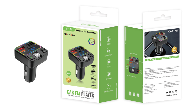 P18 automobilski Bluetooth MP3 prijemnik s hands-free pozivima, FM transmiter, QC3.0 + PD20W dvostruko brzo punjenje, USB reprodukcija