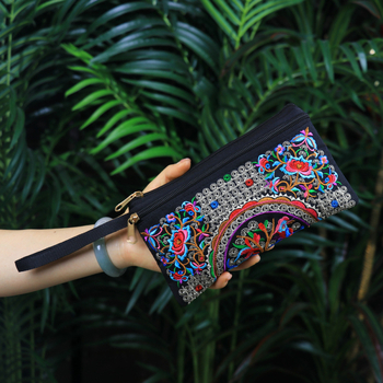 Etnički izvezeni ručni neseser, mala četvrtasta torbica za telefon, poliester, podstava od platna, zatvarač