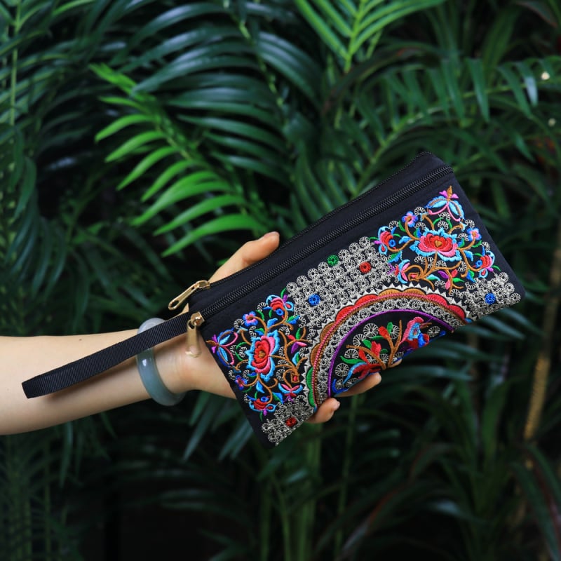 Etnički izvezeni ručni neseser, mala četvrtasta torbica za telefon, poliester, podstava od platna, zatvarač