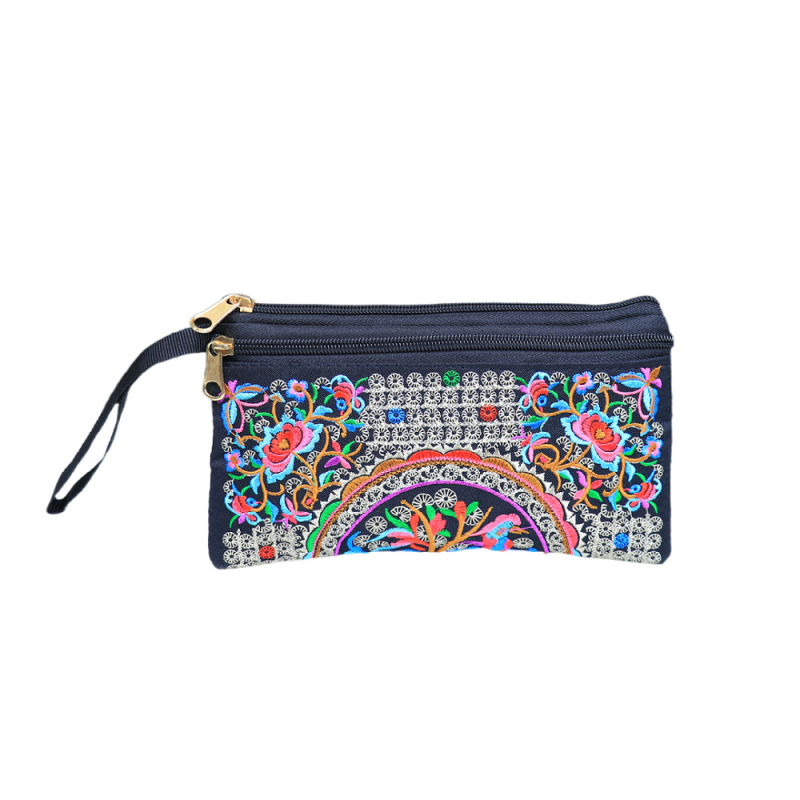 Etnički izvezeni ručni neseser, mala četvrtasta torbica za telefon, poliester, podstava od platna, zatvarač