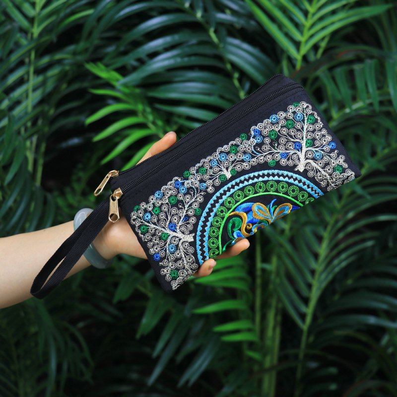 Etnički izvezeni ručni neseser, mala četvrtasta torbica za telefon, poliester, podstava od platna, zatvarač