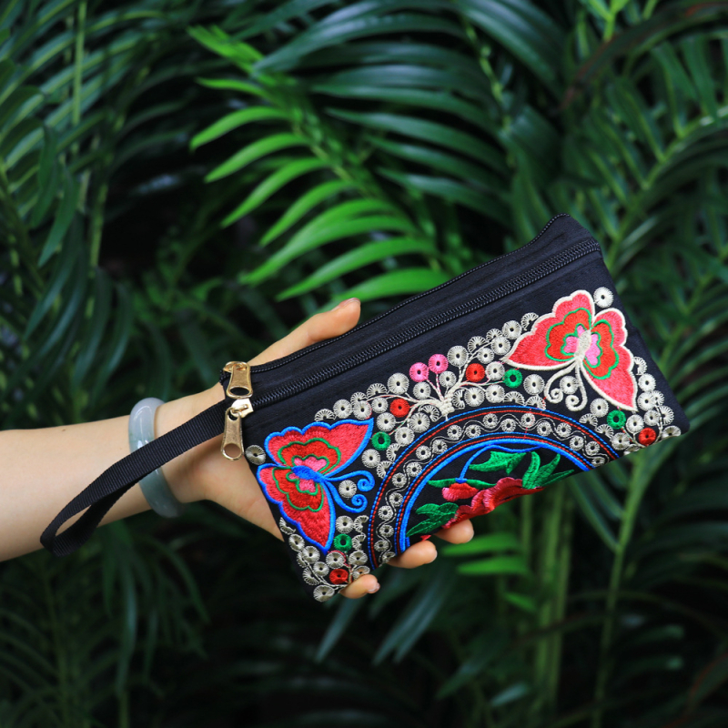 Etnički izvezeni ručni neseser, mala četvrtasta torbica za telefon, poliester, podstava od platna, zatvarač