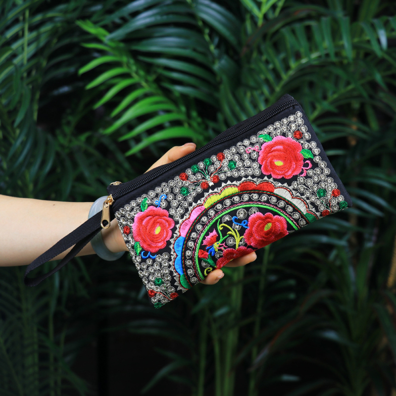 Etnički izvezeni ručni neseser, mala četvrtasta torbica za telefon, poliester, podstava od platna, zatvarač