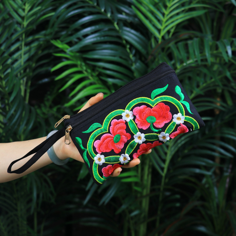 Etnički izvezeni ručni neseser, mala četvrtasta torbica za telefon, poliester, podstava od platna, zatvarač