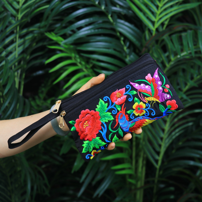 Etnički izvezeni ručni neseser, mala četvrtasta torbica za telefon, poliester, podstava od platna, zatvarač