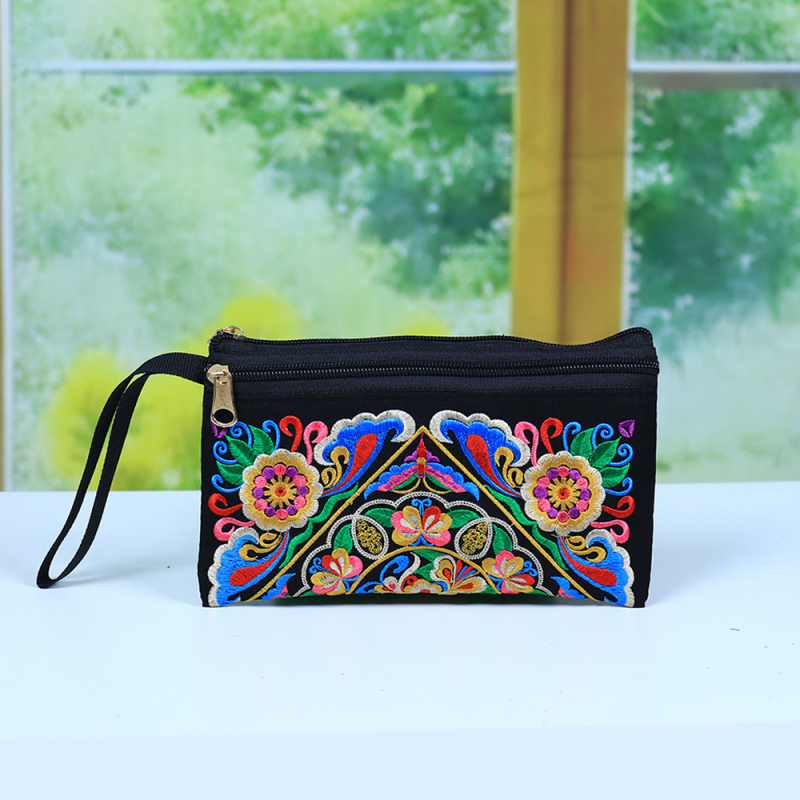 Etnički izvezeni ručni neseser, mala četvrtasta torbica za telefon, poliester, podstava od platna, zatvarač