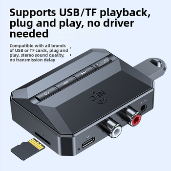 Autový NFC Bluetooth hudobný prijímač — Bluetooth 5.3, prehrávanie hudby cez USB/TF kartu, Hands-Free, výstup zvuku, 50 cm kábel
