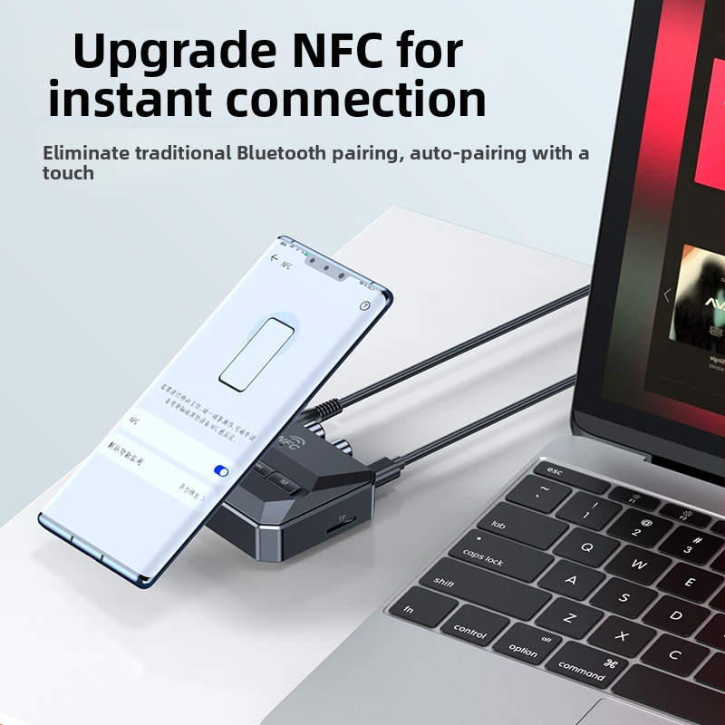 Autový NFC Bluetooth hudobný prijímač — Bluetooth 5.3, prehrávanie hudby cez USB/TF kartu, Hands-Free, výstup zvuku, 50 cm kábel