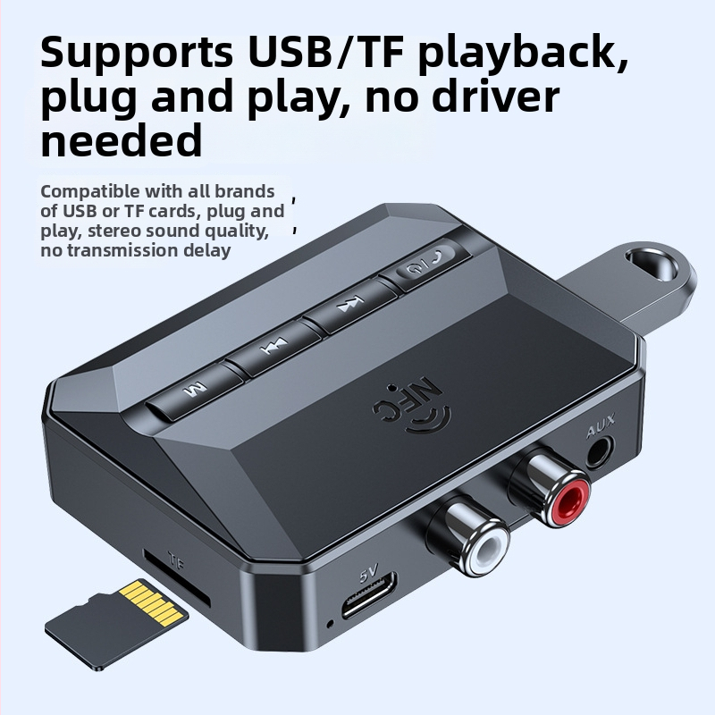 Autový NFC Bluetooth hudobný prijímač — Bluetooth 5.3, prehrávanie hudby cez USB/TF kartu, Hands-Free, výstup zvuku, 50 cm kábel