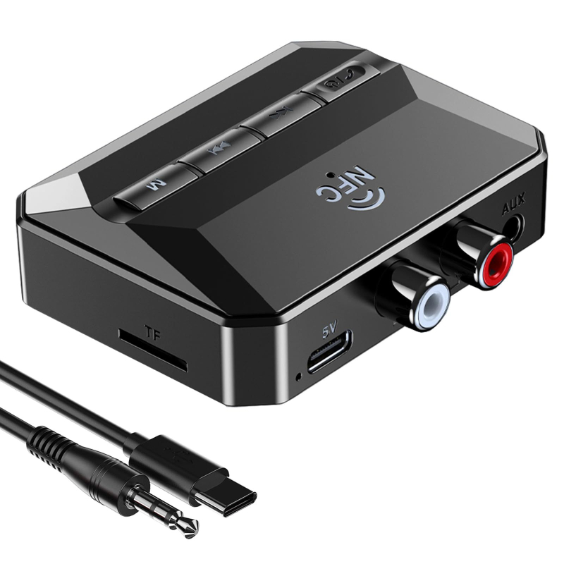 Autós NFC Bluetooth zenevevő — Bluetooth 5.3, USB/TF kártya lejátszás, Hands-Free, Audió kimenet, 50 cm kábel