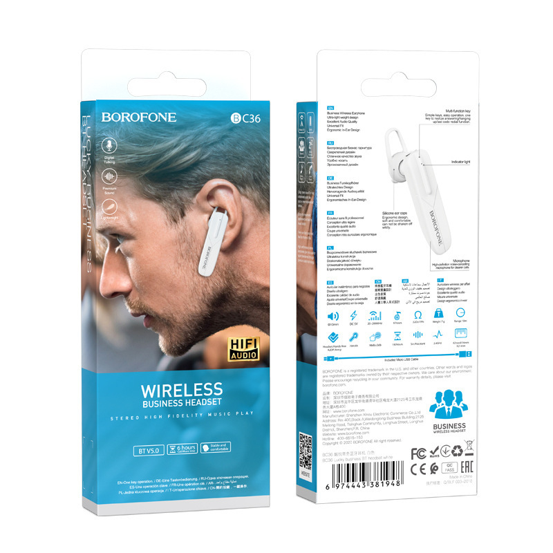 Borofone BC36 bežične Bluetooth slušalice, jednostrani, za poslovni automobil, IPX4 vodootporno, Bluetooth 5.0, domet 10 m, trajanje baterije 4–8 h