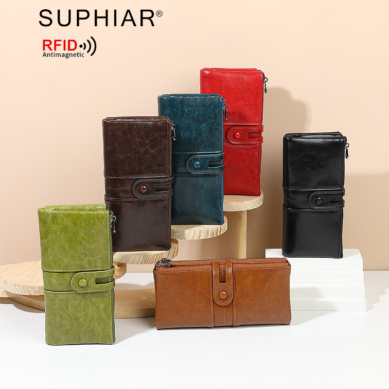 Дълъг портфейл от PU кожа с RFID защита, флорална шарка, женски ретро стил клатч, подплата от полиестер, лято 2025