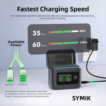 SYMIK Insta360 X5DC Batériová nabíjacia skrinka, USB-C, PC puzdro, 10.5W vybíjanie, 20W na kanál (až 27W celkovo)