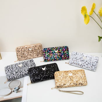 Ženska clutch torbica sa šljokicama i ukrasom leptira, vodoravni kvadratni oblik, zatvarač, podstava od poliestera