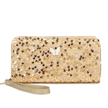 Ženska clutch torbica sa šljokicama i ukrasom leptira, vodoravni kvadratni oblik, zatvarač, podstava od poliestera