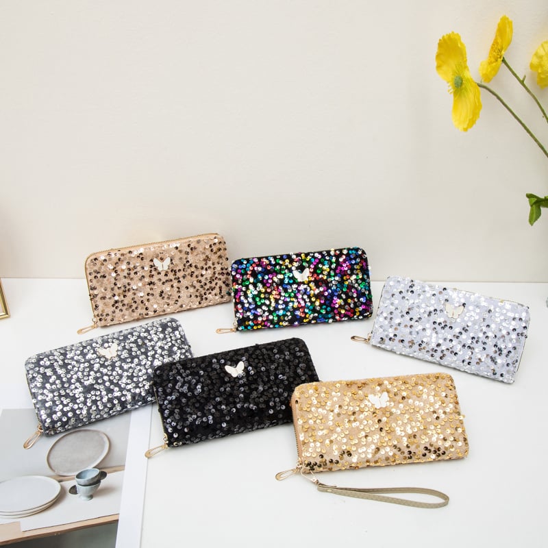 Ženska clutch torbica sa šljokicama i ukrasom leptira, vodoravni kvadratni oblik, zatvarač, podstava od poliestera