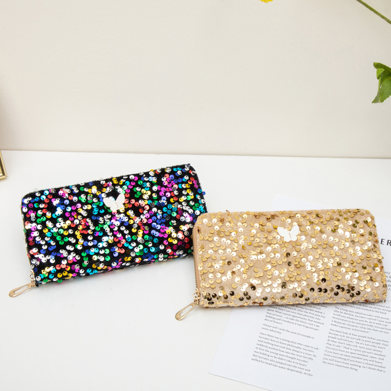 Ženska clutch torbica sa šljokicama i ukrasom leptira, vodoravni kvadratni oblik, zatvarač, podstava od poliestera