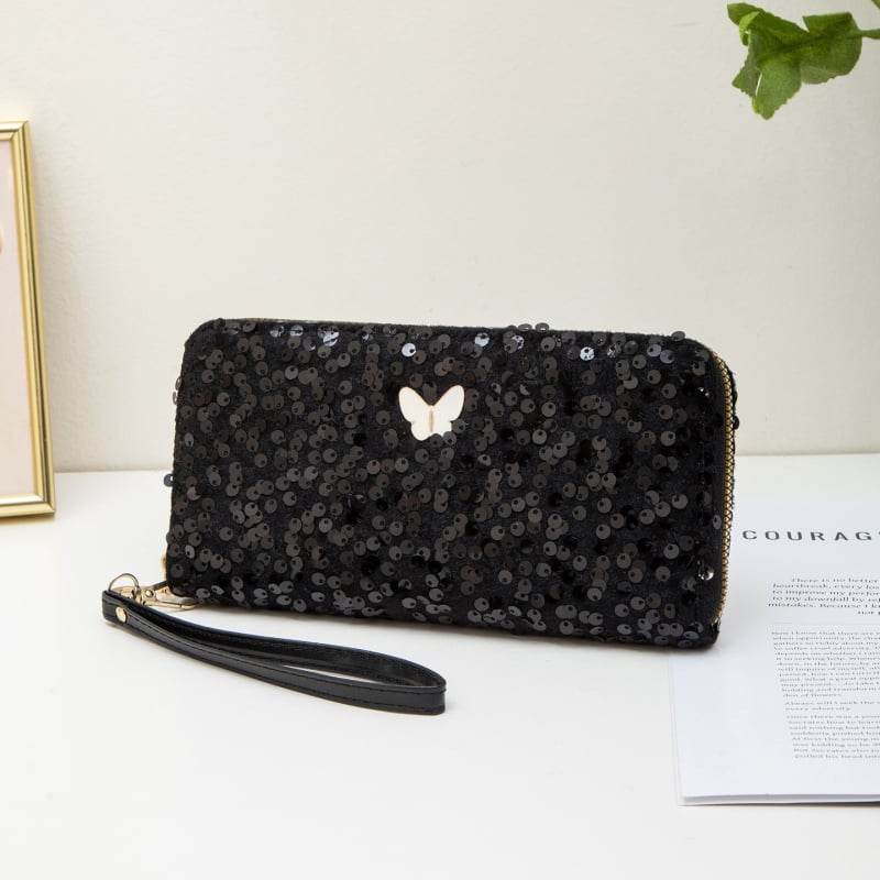 Ženska clutch torbica sa šljokicama i ukrasom leptira, vodoravni kvadratni oblik, zatvarač, podstava od poliestera