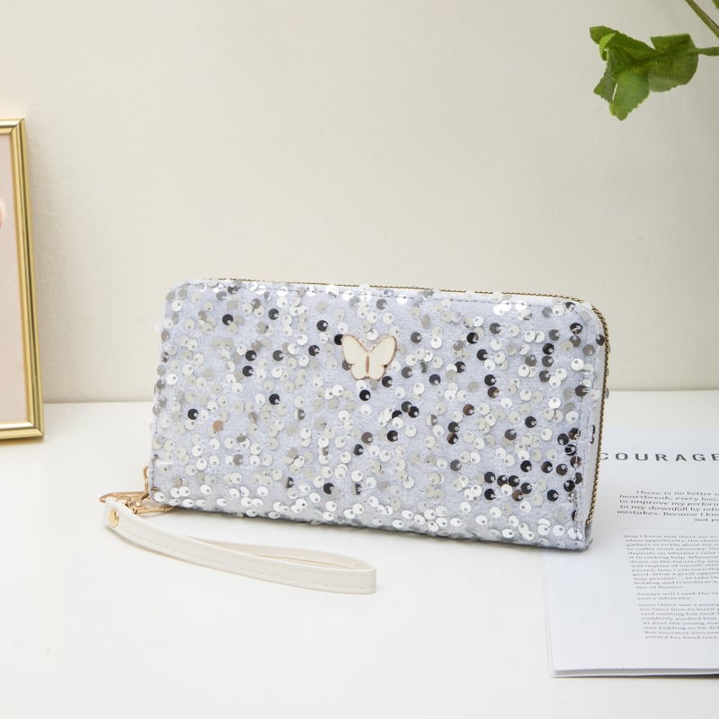 Ženska clutch torbica sa šljokicama i ukrasom leptira, vodoravni kvadratni oblik, zatvarač, podstava od poliestera