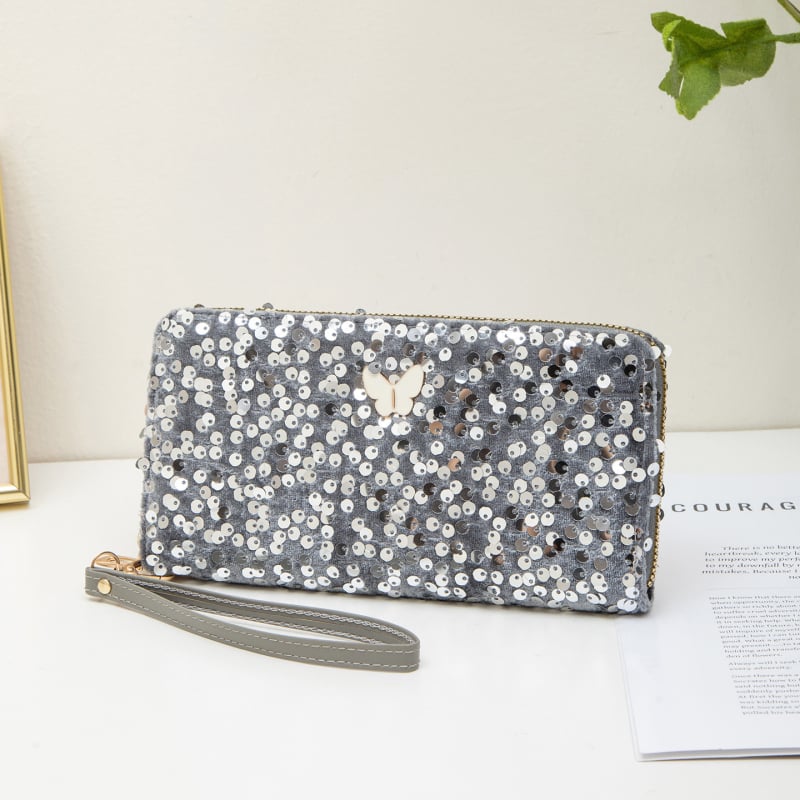 Ženska clutch torbica sa šljokicama i ukrasom leptira, vodoravni kvadratni oblik, zatvarač, podstava od poliestera