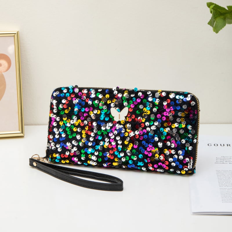 Ženska clutch torbica sa šljokicama i ukrasom leptira, vodoravni kvadratni oblik, zatvarač, podstava od poliestera