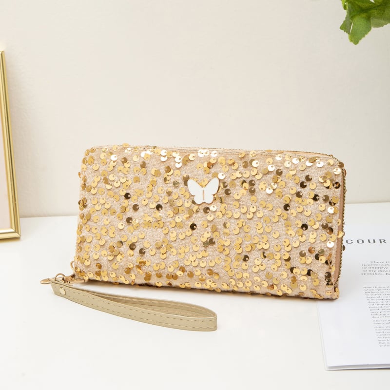 Ženska clutch torbica sa šljokicama i ukrasom leptira, vodoravni kvadratni oblik, zatvarač, podstava od poliestera