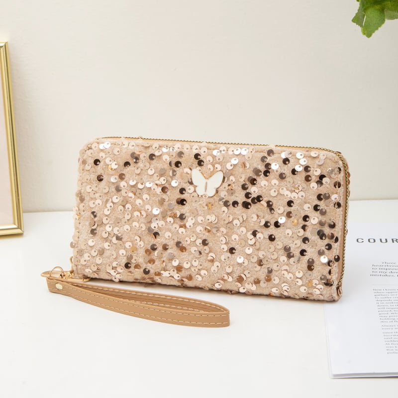 Ženska clutch torbica sa šljokicama i ukrasom leptira, vodoravni kvadratni oblik, zatvarač, podstava od poliestera