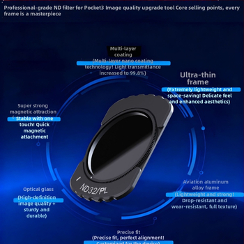 Pocket3 magnetický filter set s rámom z hliníkovej zliatiny a optickou šošovkou — obsahuje filtre ND/UV/CPL Zväčšenie/Filtr krásy, v puzdre