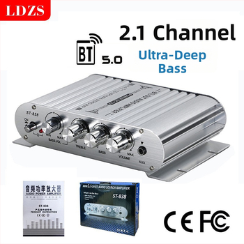 2.1 kanālu auto skaņas pastiprinātājs ar Bluetooth ST-838 – 12V, 80Wx2+80W, 4–16 Ω, alumīnija sakausējuma korpuss