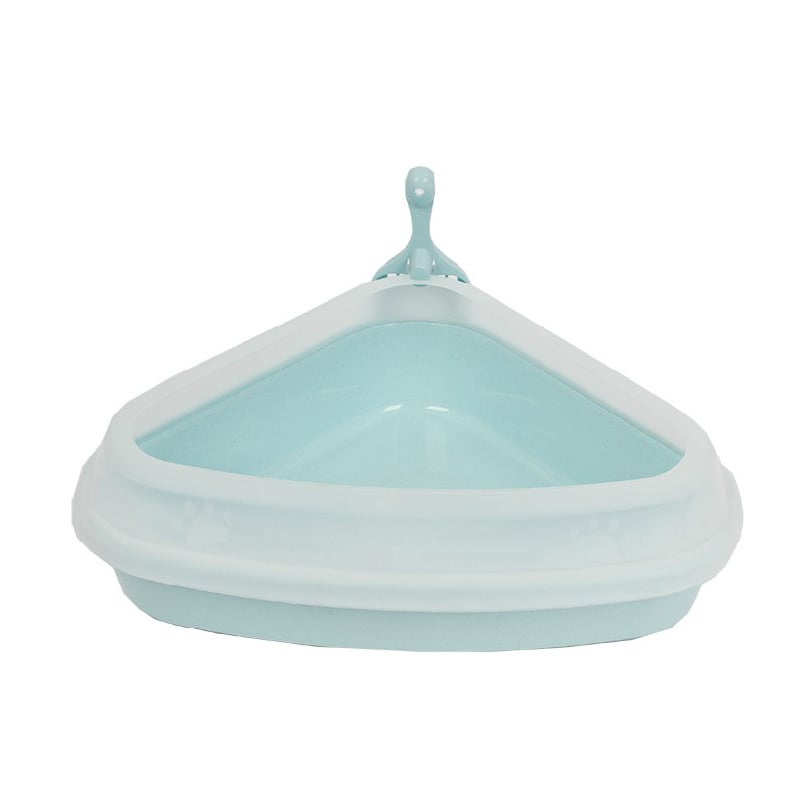 Mačja toaletna kutija u trokutastom kutu, poluotvoren s visokim bočnim rubovima, plastična, ekološki prihvatljiva, otporna na habanje, pijeskovana završna površina, uključena lopatica