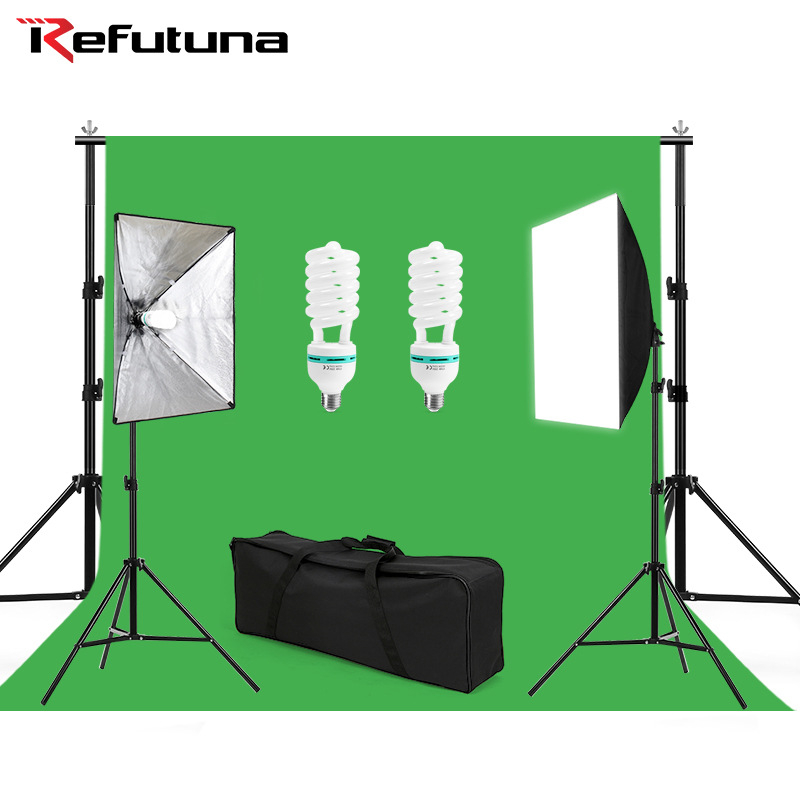 Profesionálne osvetlenie pre fotografovanie, 50W, 220V, 5500K, E27 lampová hlava, 3 žiarovky, set so softboxom a stojanom na pozadie.