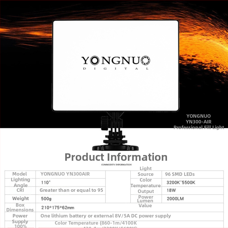 YONGNUO YN300Air Prenosné LED osvetlenie na fotografovanie, 5600K teplota farieb, 18W, stmievateľné, E14 hlava žiarovky