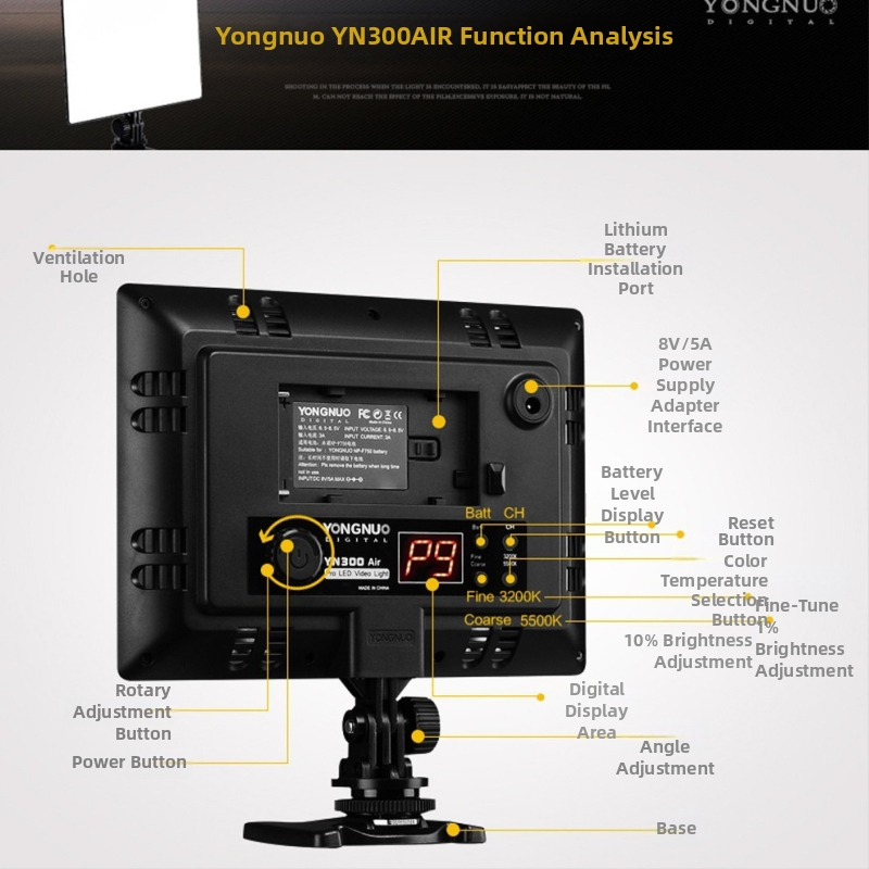 YONGNUO YN300Air Prenosné LED osvetlenie na fotografovanie, 5600K teplota farieb, 18W, stmievateľné, E14 hlava žiarovky