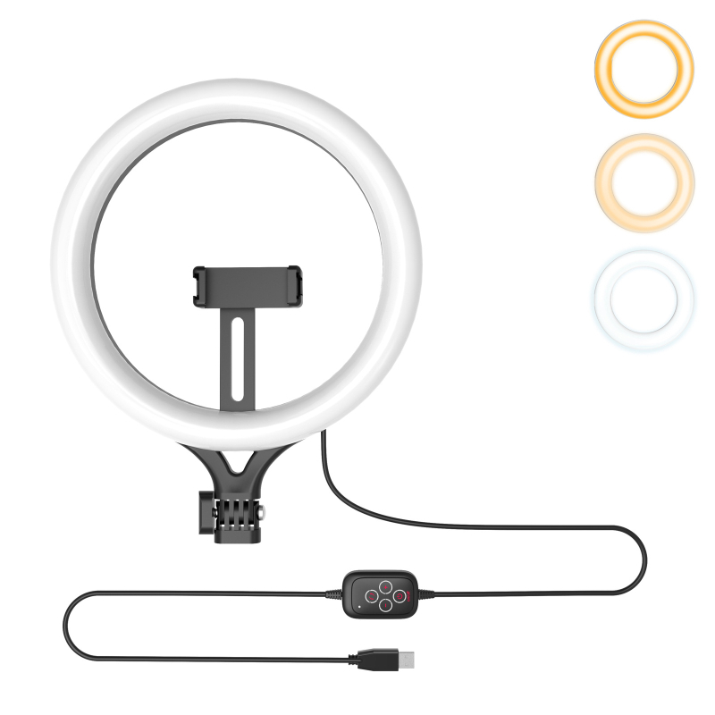 Kružna svjetiljka s držačem za telefon - LED dopunsko osvjetljenje, tri boje temperature, prilagodljivo, 5V, 10–50W