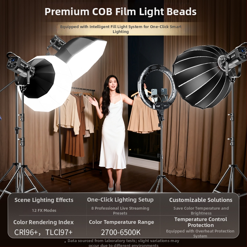 Ruifutu LED svetlo pre živé vysielanie s COB, dvojfarebná teplota 2700–6500K, 200–240V, nastaviteľný jas, samostatný napájací zdroj