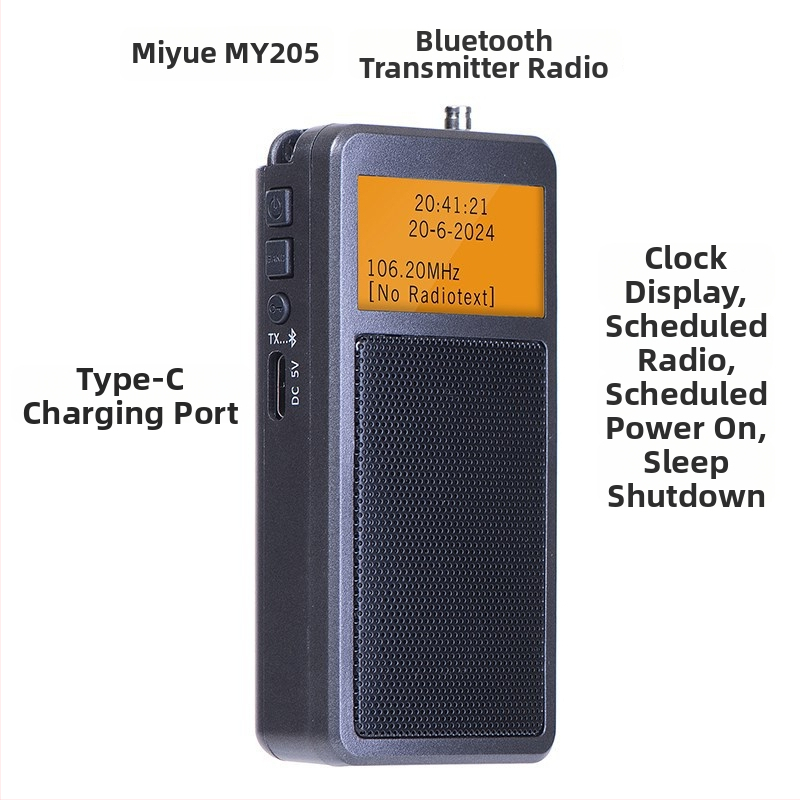 My205 pārnēsājamais Bluetooth raidītājs, stereo FM radio, digitālā iestatīšana, 2 kanāli, litija akumulatora