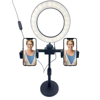 LED prsten svjetlo s stolnim nosačem, dvostruki držač za telefon, trobojna temperatura boje za livestream i selfie