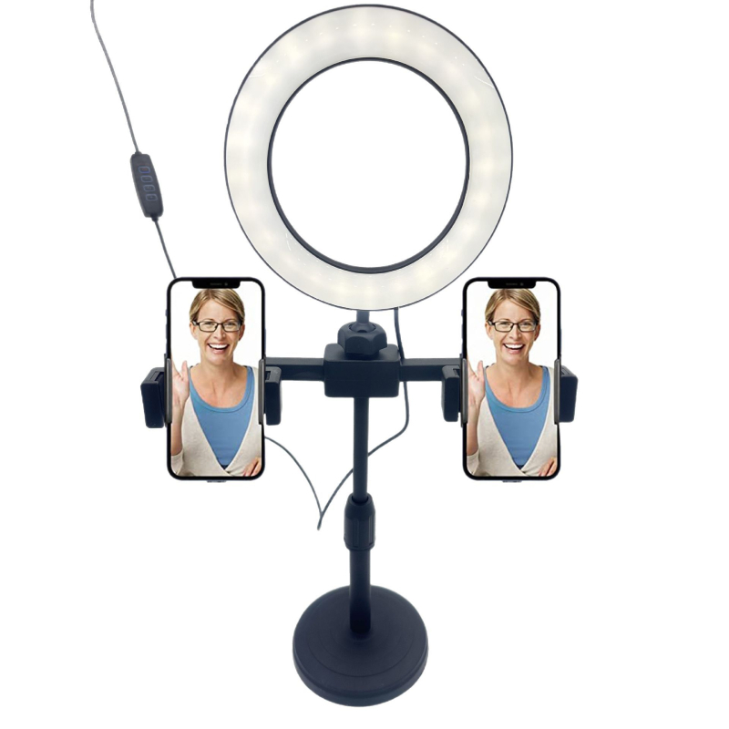LED prsten svjetlo s stolnim nosačem, dvostruki držač za telefon, trobojna temperatura boje za livestream i selfie