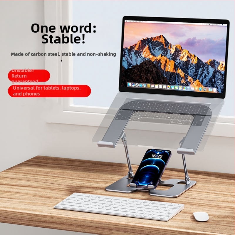 Kovová skladacia držiak pre notebook, telefón a tablet – viacerofunkčný domáci kancelársky stojan, univerzálna kompatibilita s iPad, iPhone generáciami a iPod touch 4. generácie; hmotnosť 1260 g