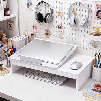 Stalak za laptop na stol, 2-etažna ploča od drvo-plastike, sklopiv i pomičan, minimalistički stil, organizator radne površine