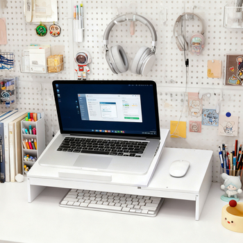 Stalak za laptop na stol, 2-etažna ploča od drvo-plastike, sklopiv i pomičan, minimalistički stil, organizator radne površine