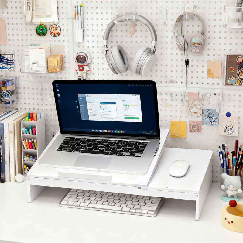 Stalak za laptop na stol, 2-etažna ploča od drvo-plastike, sklopiv i pomičan, minimalistički stil, organizator radne površine