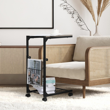 Măsuță de noapte cu birou reglabil, structură metalică mobilă, depozitare în două niveluri, înălțime reglabilă, masă de studiu multifuncțională