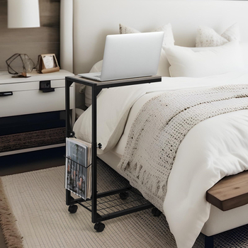 Măsuță de noapte cu birou reglabil, structură metalică mobilă, depozitare în două niveluri, înălțime reglabilă, masă de studiu multifuncțională