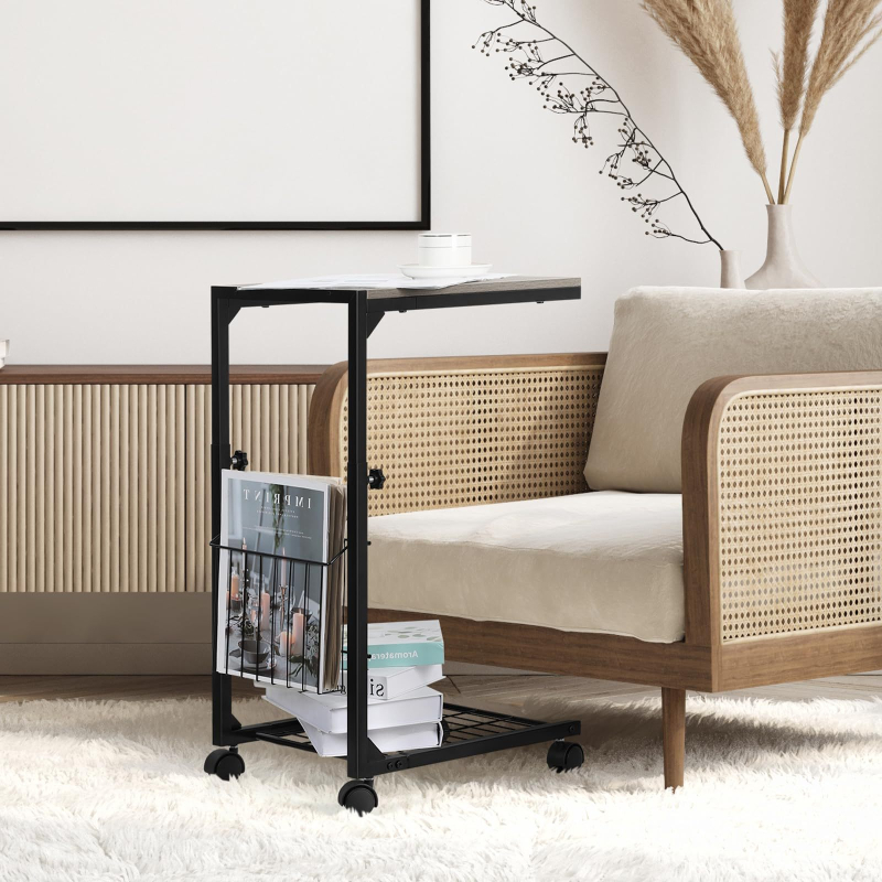 Măsuță de noapte cu birou reglabil, structură metalică mobilă, depozitare în două niveluri, înălțime reglabilă, masă de studiu multifuncțională