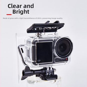 Vodotesný kryt pre DJI Action 5/4/3 — materiál: akryl + tvrdené sklo + 316 nerezová oceľ; kompatibilné s modelmi Action 5/4/3; hmotnosť 90 g; prispôsobiteľné logo