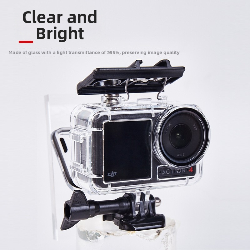 Vodotesný kryt pre DJI Action 5/4/3 — materiál: akryl + tvrdené sklo + 316 nerezová oceľ; kompatibilné s modelmi Action 5/4/3; hmotnosť 90 g; prispôsobiteľné logo
