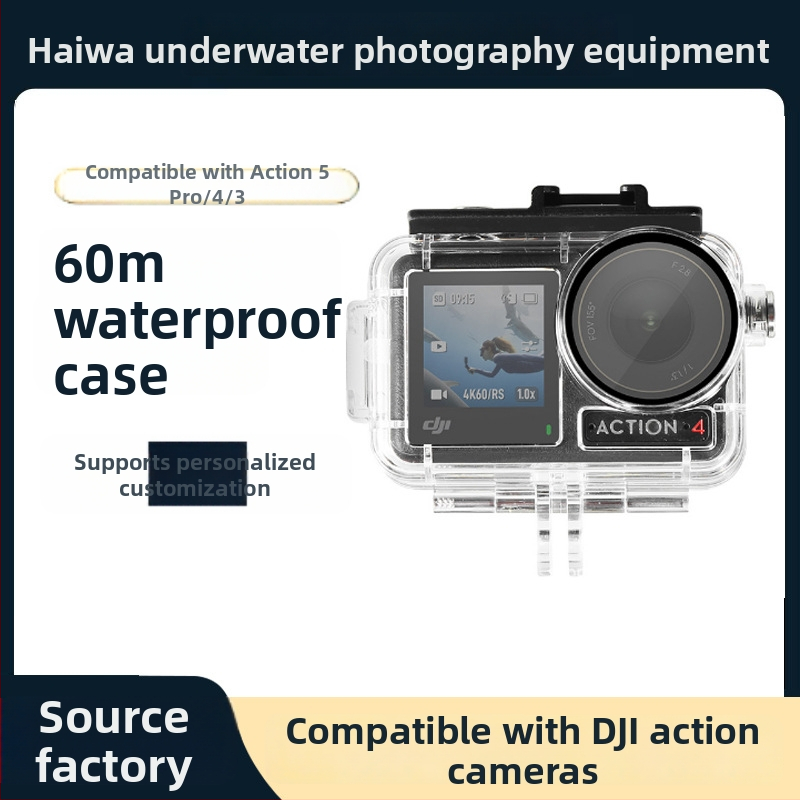 Univerzálny vodotesný kryt pre DJI Action 5 Pro / 4 / 3 | Materiály: akrylát + tvrdené sklo + 316 nerezová oceľ | Hmotnosť: 90 g | Balenie: vodotesný kryt, dlhé skrutky, základňa | Prispôsobiteľné logo