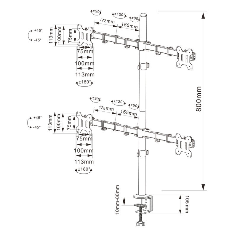 Suport pentru patru monitoare pentru desktop – bază rotativă universală, aliaj de aluminiu, model XSQ-M054, 8 kg, include set de suporturi